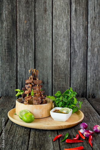 grill ox tongue with herbs, Esan food, Thai Food,