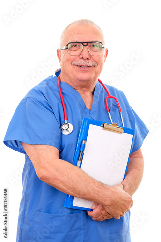 Portrait of happy senior caucasian doctor in glasses 70-75 years old laughing and holding clipboard, isolated on white.