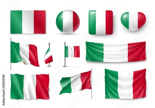 Set Italy flags, banners, banners, symbols, flat icon. Vector illustration of collection of national symbols on various objects and state signs