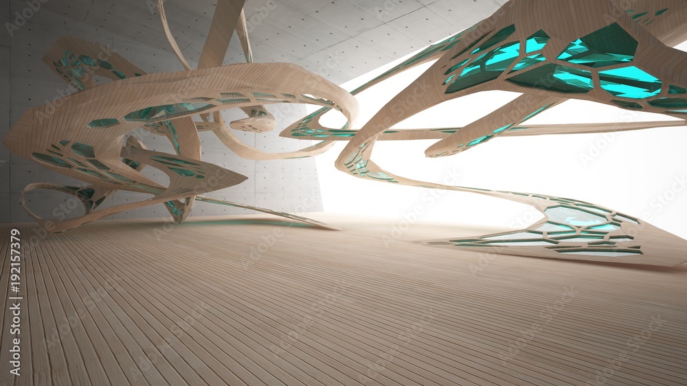 Abstract concrete and wood parametric interior with window. 3D illustration and rendering. Abstract concrete and wood parametric interior with window. 3D illustration and rendering.