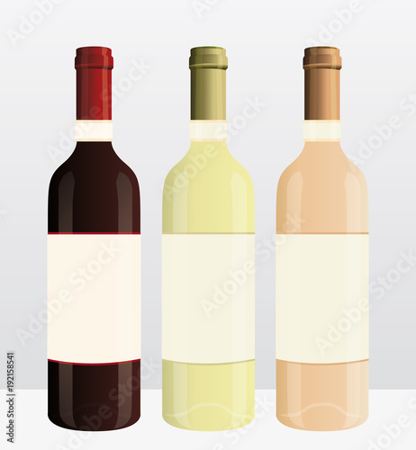 Red, white and rosé wine bottles. Vector marketing illustration.