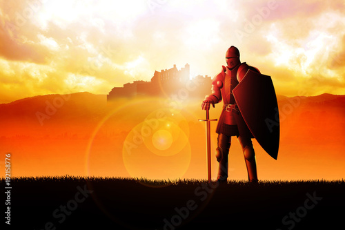 A knight standing on grass field photo