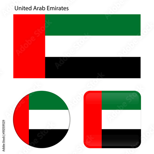 Flag of United Arab Emirates. Correct proportions, elements, colors. Set of icons, square, button. Vector illustration on white background.