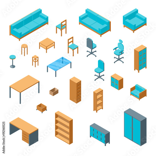 Office Furniture 3d Icons Set Isometric View. Vector
