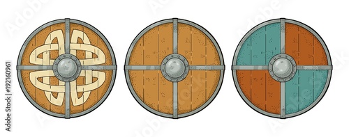 Set wood round shields with viking runes, iron border. Engraving