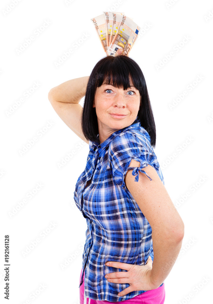 Portrait of successful woman holding over head - money euro banknotes in hand isolated white background. Positive emotion facial expression feeling. Winner concept Portrait of successful woman holding over head - money euro banknotes in hand isolated white background. Positive emotion facial expression feeling. Winner concept