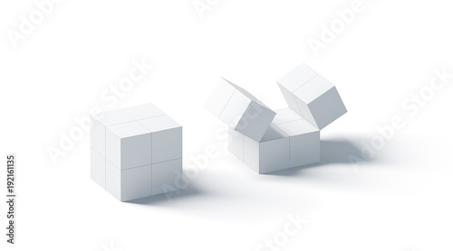 Blank white promotional magic cube mock up, isolated, 3d rendering. Foldable puzzle cuboid promotion toy mockup. China square corporate printing gift.