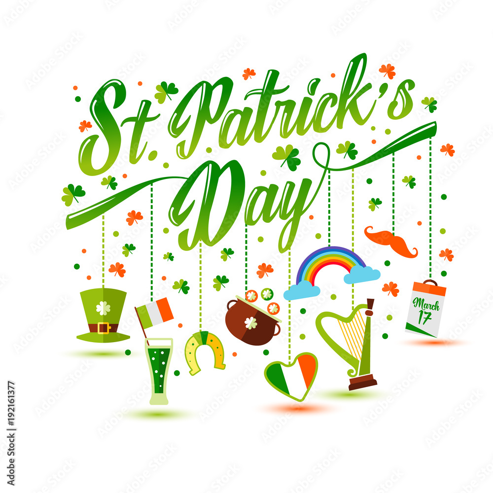 Lettering with icons of Saint Patrick s Day - obrazy, fototapety, plakaty 