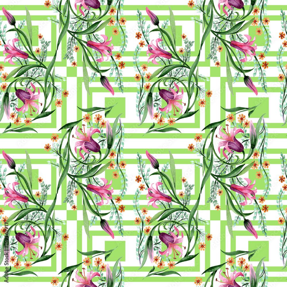 Wildflower ornament flower pattern in a watercolor style. Full name of the plant: lily. Aquarelle wild flower for background, texture, wrapper pattern, frame or border.