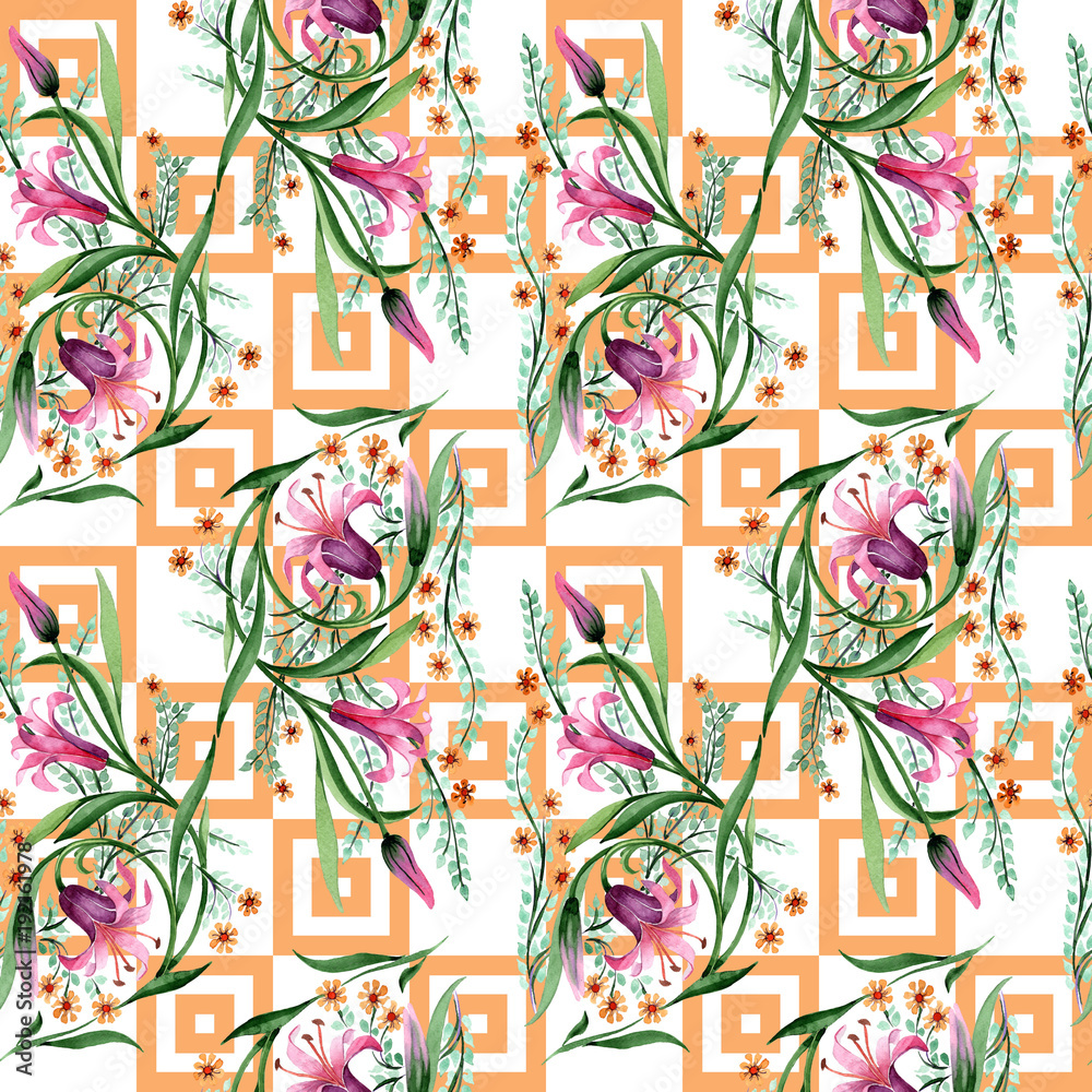 Wildflower ornament flower pattern in a watercolor style. Full name of the plant: lily. Aquarelle wild flower for background, texture, wrapper pattern, frame or border.