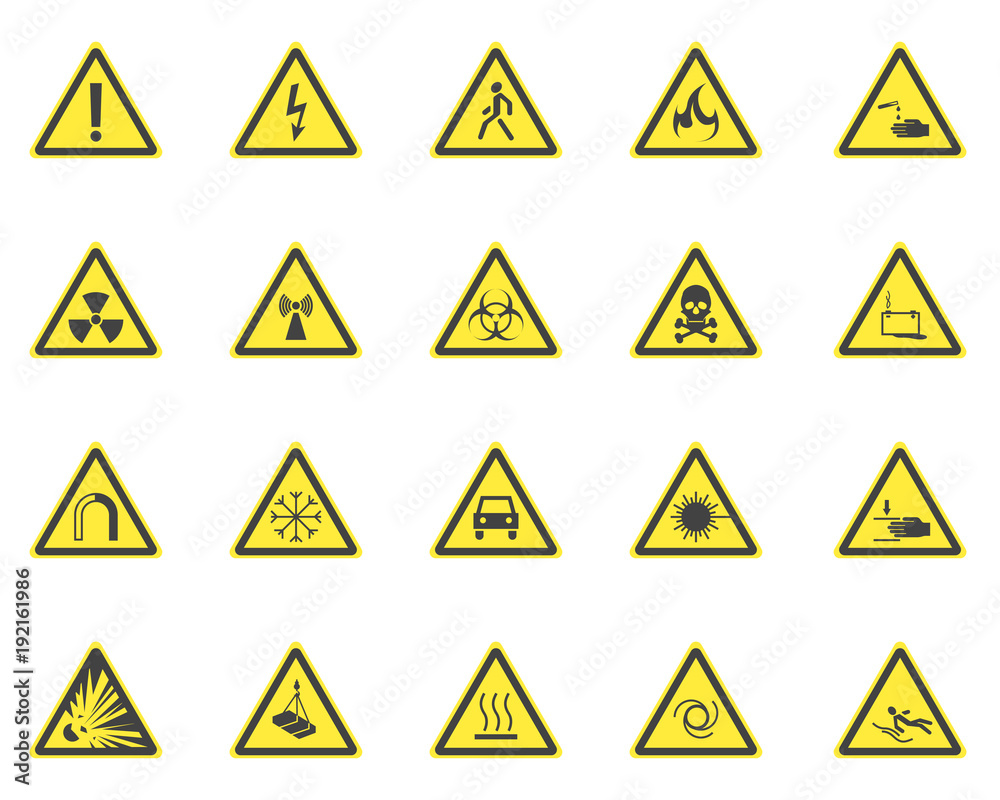 Yellow Warning Hazard Signs Set. Vector