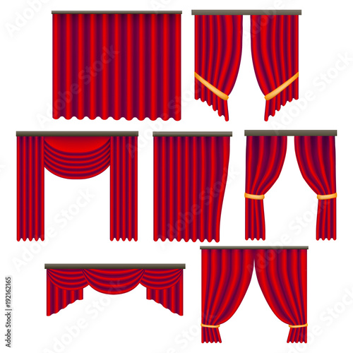 Realistic Detailed 3d Red Window Curtains Set. Vector
