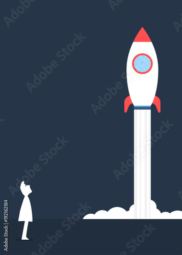 Human figure looking at rising space rocket