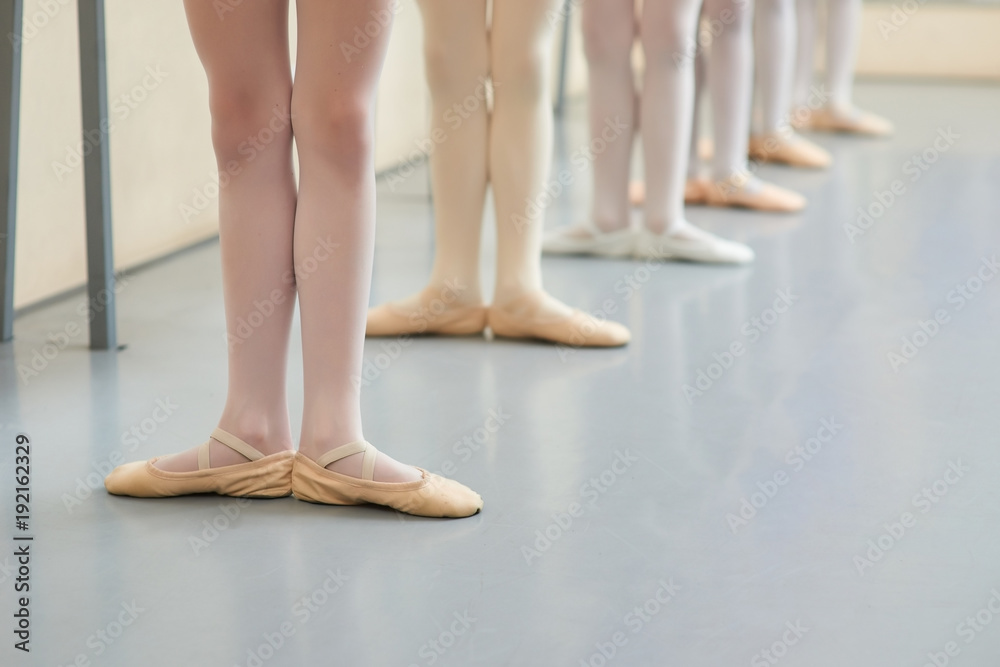 Obraz premium Young ballerinas legs in basic position. Group of little ballerinas standing in ballet position, cropped image. Classic ballet position.