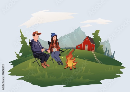 Young couple, man and woman sitting around the campfire on the farm . Mountain alpine landscape. Vector illustration, isolated on white background.