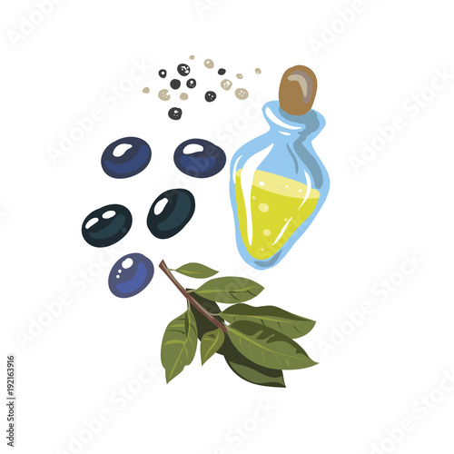 Olives with olive branch and olive oil isolated on white fon. Hand drawn on style pop art, cartoon. Vector illustration