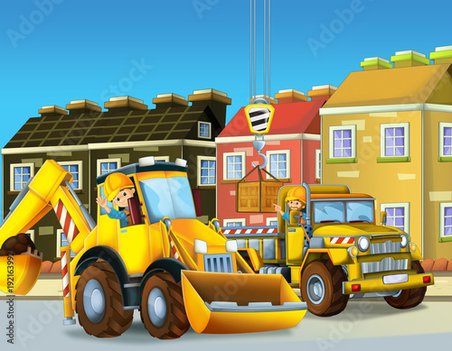 cartoon scene of a construction site with different heavy machines and working men