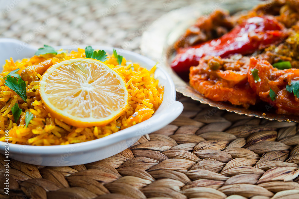 Indian Side dish Lemon Rice with Cashew Nuts and cilantro foto de