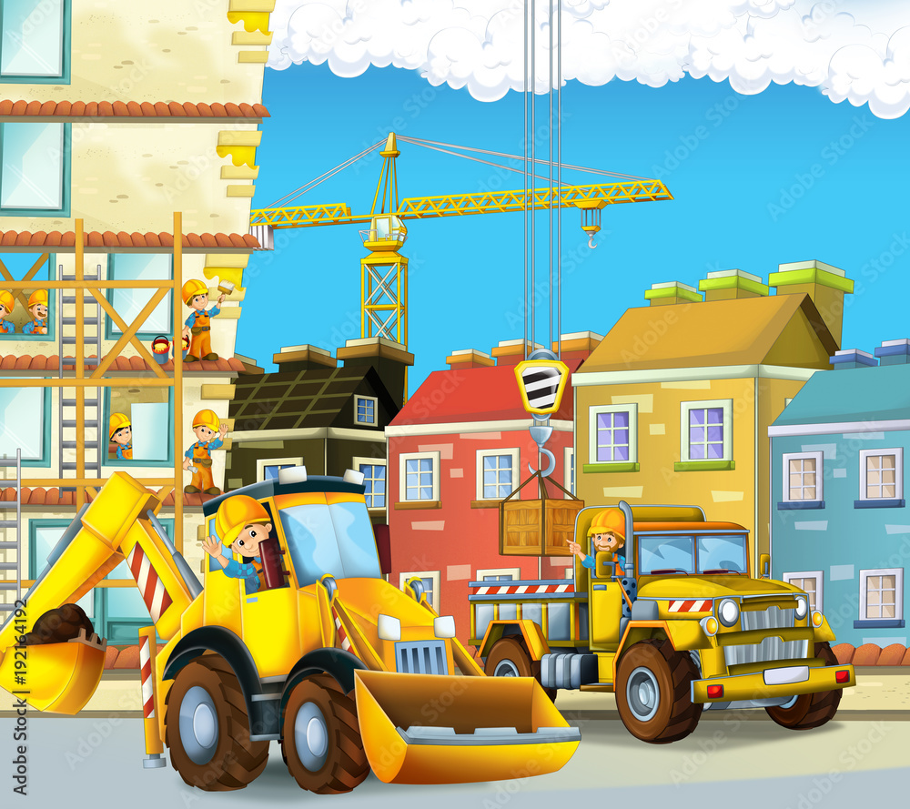 cartoon scene of a construction site with different heavy machines and working men