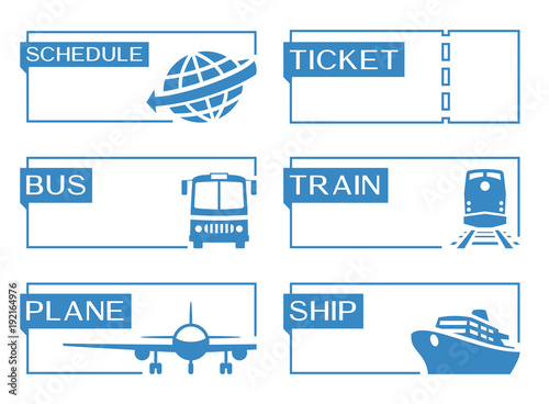 Travel banners with bus, plane, train and ship transportation icons