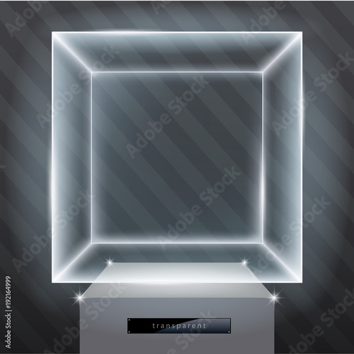 The exhibition showcase a hologram. Cube of plasma. Projection. Vector graphic with transparency effect
