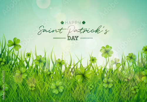 Saint Patricks Day Illustration with Green Clovers Field on Blue Sky Background. Irish Lucky Holiday Vector Design for Greeting Card, Party Invitation or Promo Banner.