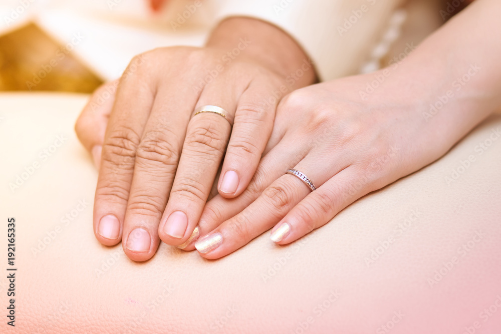 Closeup image of man and woman hands with wedding ring holding tenderly. Closeup image of man and woman hands with wedding ring holding tenderly.