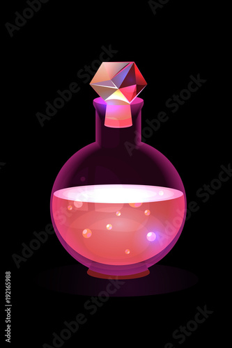glow magic bottle with love potion; pink bright elixir with glow bubbles; game art for app user interface; mobile game isolated lightning element