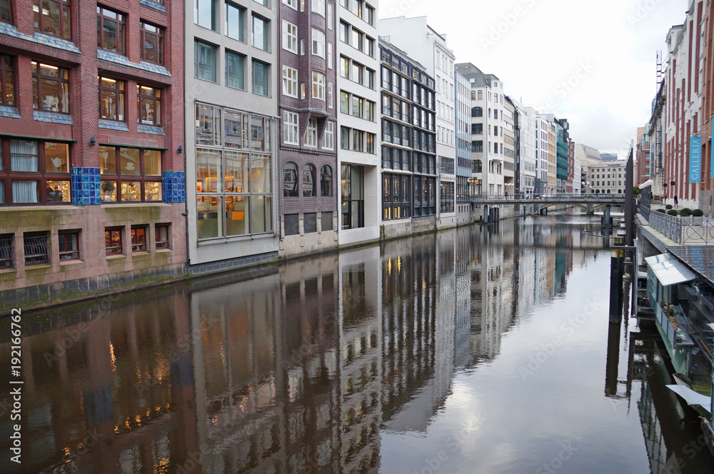 The canals of Hamburg on the Elbe River. Beautiful river channels in the old city of Hamburg. Winter Hamburg.