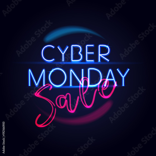 Cyber Monday concept banner in modern neon style. Vector illustration.