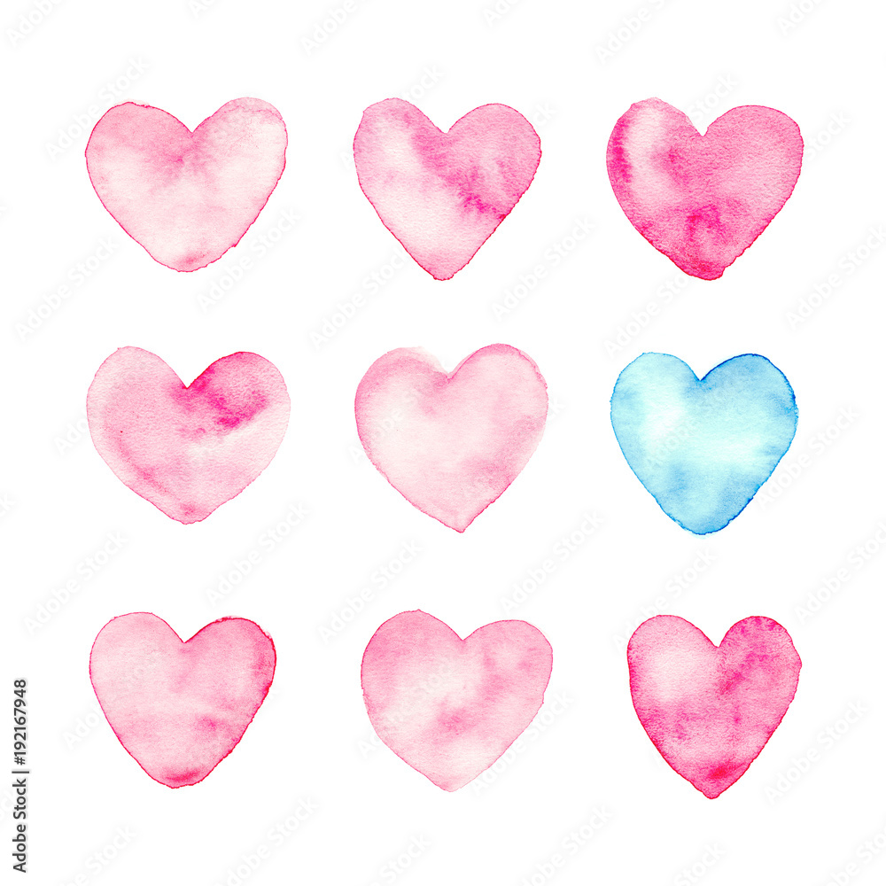 Hand drawn pink watercolor hearts. Valentine's Day design element isolated heart set for greeting cards, wedding invitations and other