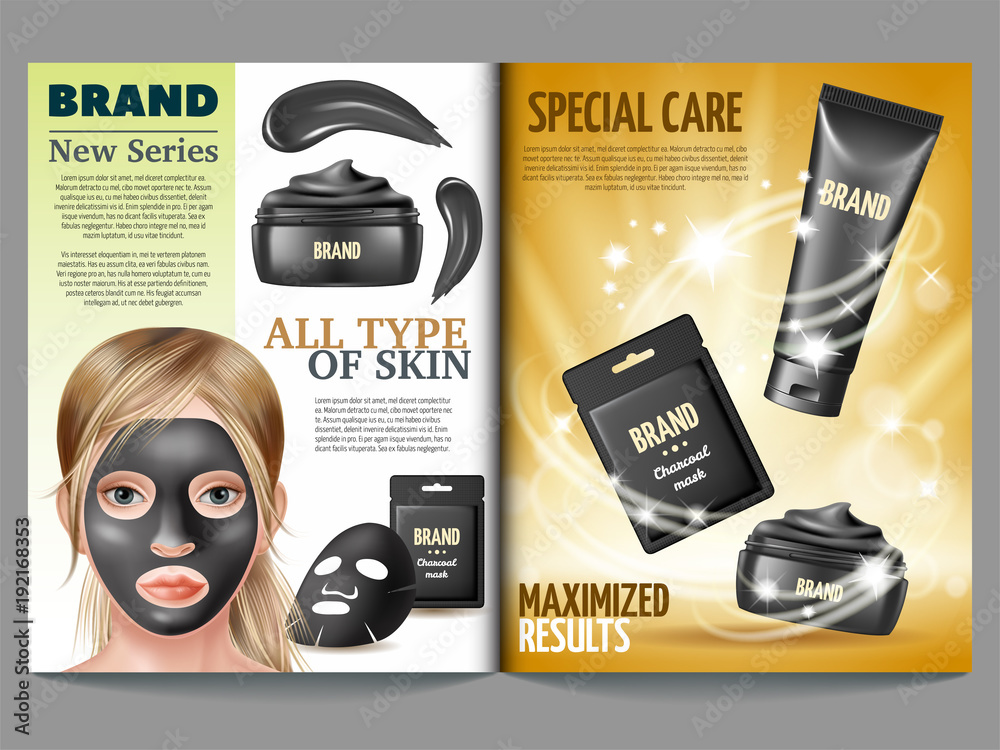 Cosmetic magazine template, black charcoal mask, cream and Advertising skin care purifying peel-off mask. 3d vector realistic illustration. Stock Vector | Adobe Stock
