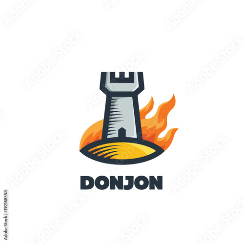 Flat vector emblem of burning tower or fortress. Outline donjon logotype