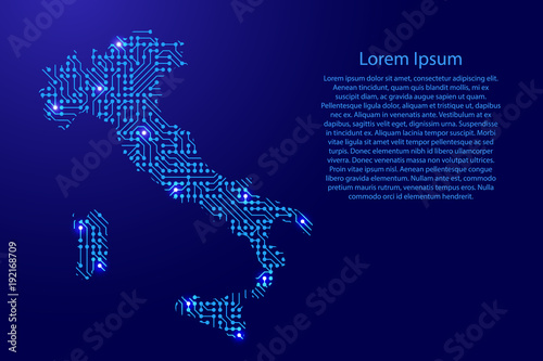 Map Italy from printed board, chip and radio component with blue star space on the contour for banner, poster, greeting card, of vector illustration.