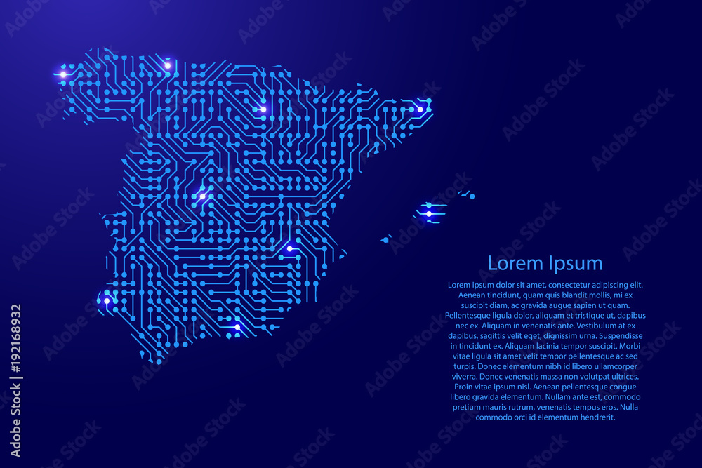 Map Spain from printed board, chip and radio component with blue star space on the contour for banner, poster, greeting card, of vector illustration.