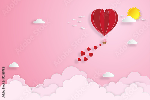 The hot air heart balloon on pink sky as love, happy valentine's day, wedding and paper art concept. vector illustration.