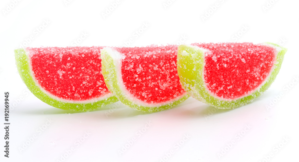 Soft marmalade colorful fruit jelly sugar candies isolated on white background Soft marmalade colorful fruit jelly sugar candies isolated on white background