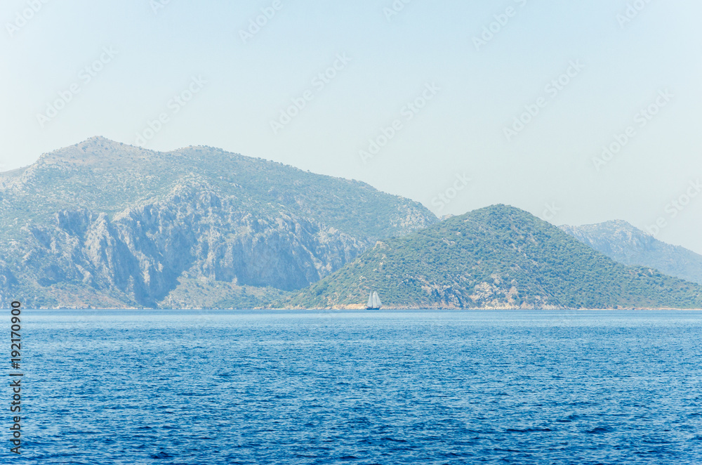 View island in Turkey Aegean Sea water  Rocky coast deserted near Marmaris Ichmeler summer holiday trip panorama landscape