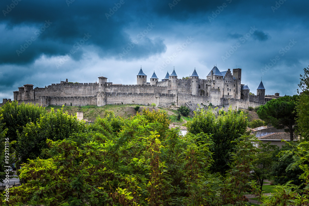 View point of Cite de Carcassonne, castle and historical fortress France