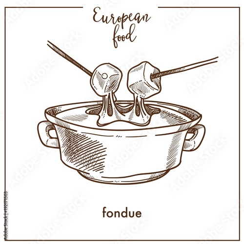 Fondue sketch icon for European Swiss food cuisine menu design