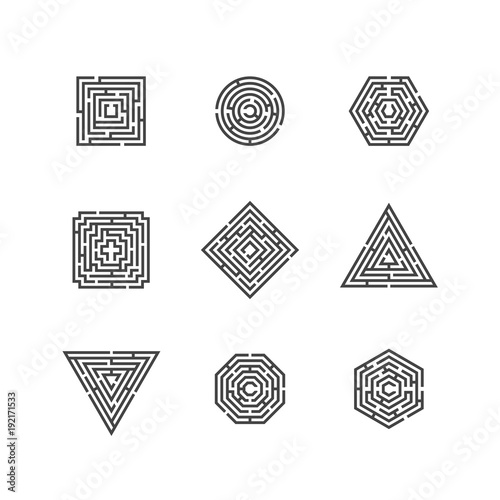 Color gradient logos of labyrinth. Vector logotype set