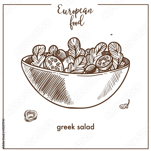 Greek salad sketch icon for European Mediterranean food cuisine menu design