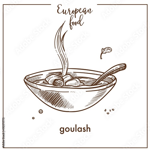 Goulash soup sketch icon for European Hungarian ood cuisine menu design