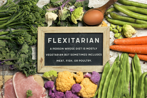 raw vegetables, eggs and meat and text flexitarian photo