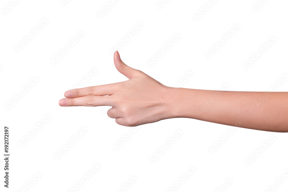 Woman hand on Isolated white background. Three fingers. 3, pointer