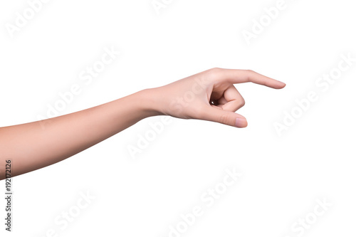 Woman hand holds virtual card or smart phone or something on white background