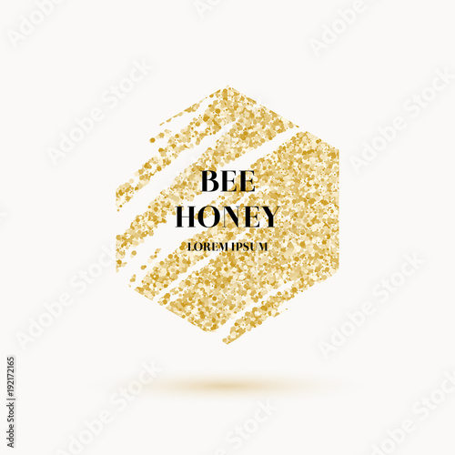 Bee honey label and poster with gold glitter.