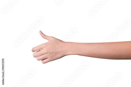 Woman hand holds virtual card or smart phone or something on white background