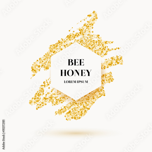 Bee honey label and poster with gold glitter.