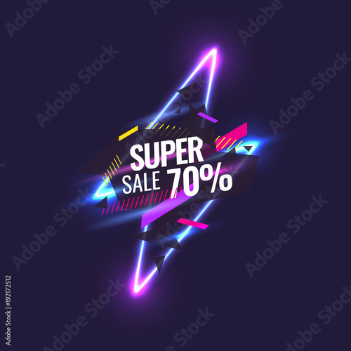 Best sale banner. Original poster for discount. Geometric shapes and neon glow against a dark background.